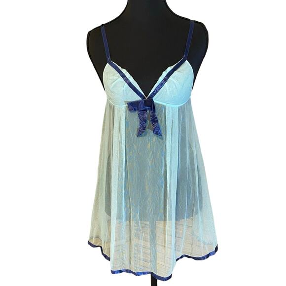 Rare Y2K Victoria’s Secret Angels Sheer Blue Satin Bow Babydoll sabrina Small - Picture 1 of 7